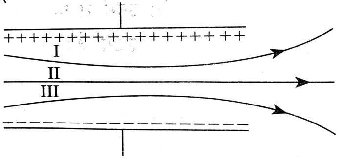 एक समान वैद्युत क्षेत्र में तीन पथ चिह्न I, II एवं III दिखाये गये हैं